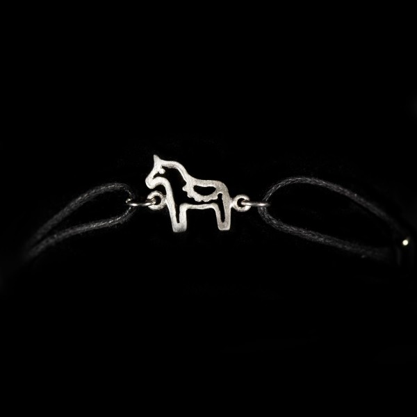 Armband Baumwolle schwarz mit Anhänger Pferd Dala silber