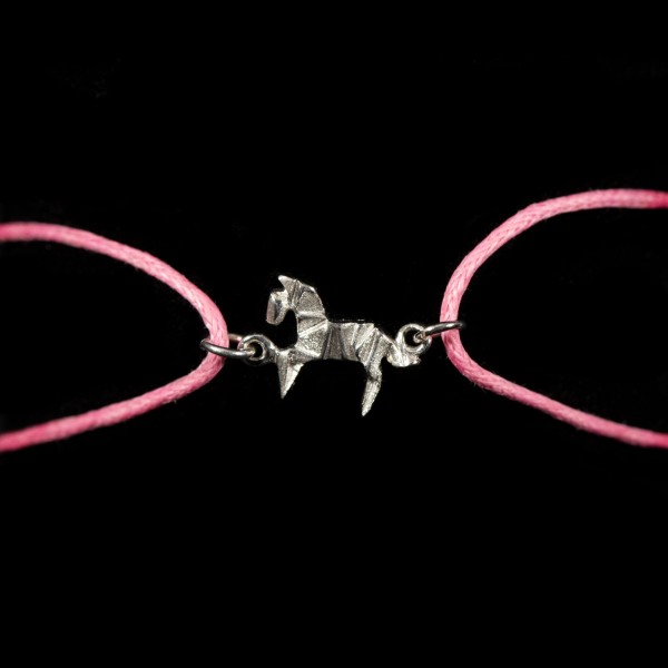Armband Baumwolle pink mit Anhänger Pferd Origami silber